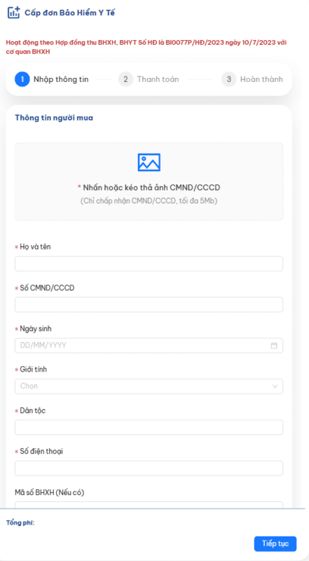 Giao diện màn hình mua thẻ Bảo hiểm y tế online tại bhgiadnh.net