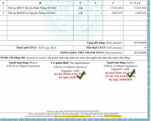 Hóa đơn Công ty Tam Giang là đại lý thu BHYT và BHXH có xác nhận của Tổng Cục Thuế - MST: 0317723512, mã bí mật: CQ77T2HT97CECEU, tra cứu tại: https://vinvoice.viettel.vn/utilities/invoice-search