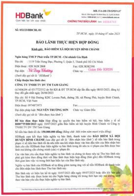Chứng thư bảo lãnh của Ngân hàng HDBank cho Đại lý thu - Công ty Tam Giang - Congdichvubhxh.vn (xem hướng dẫn xác thực chứng thư ở mục câu hỏi thường gặp)