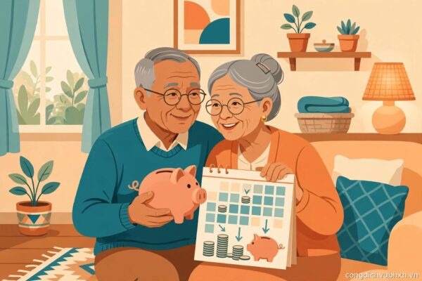 Vợ chồng lớn tuổi vui vẻ xem lịch lương hưu và heo đất tiết kiệm — minh họa lương hưu BHXH tự nguyện