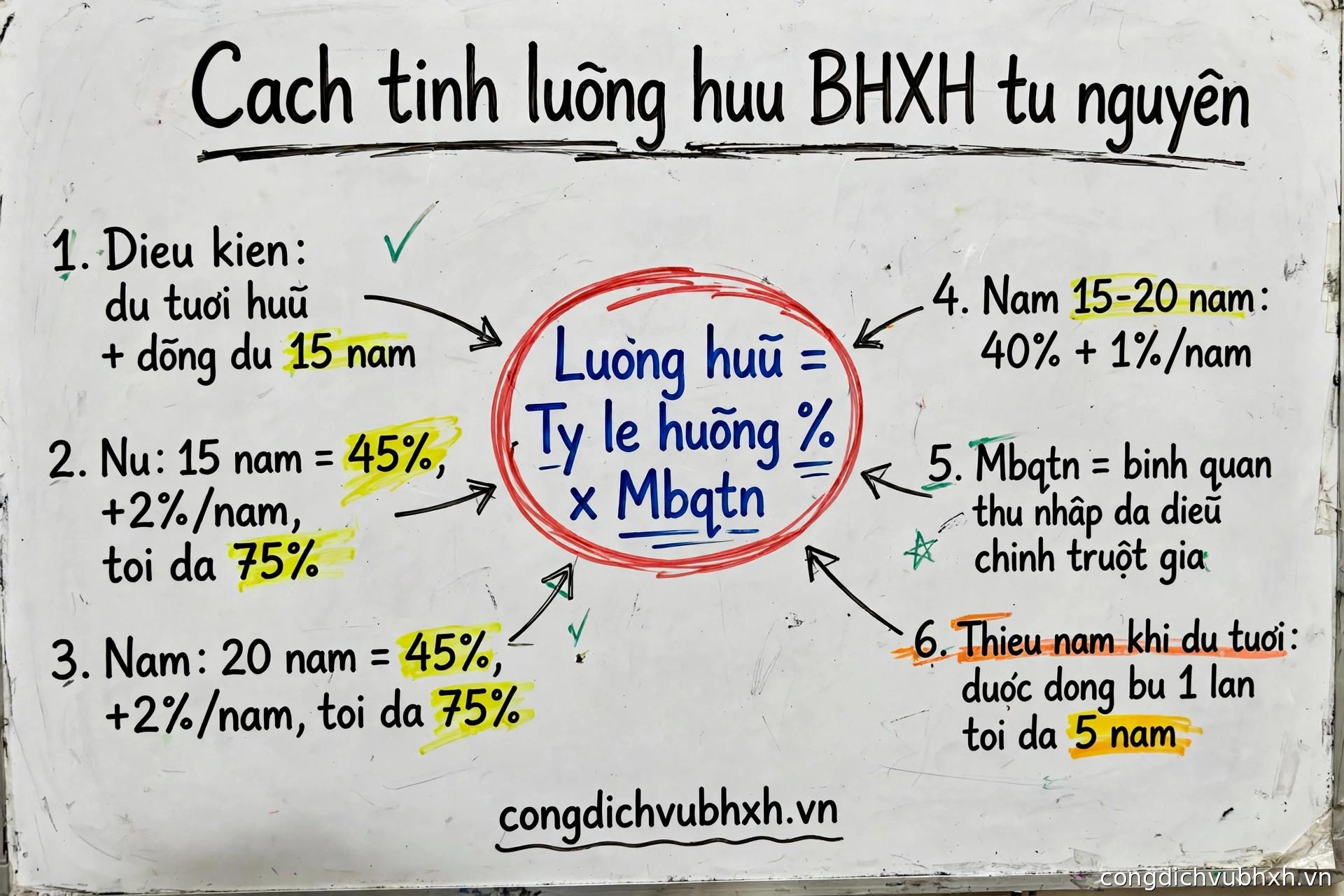 Infographic tóm tắt cách tính lương hưu BHXH tự nguyện: công thức tỷ lệ phần trăm nhân mức bình quân thu nhập tháng đóng