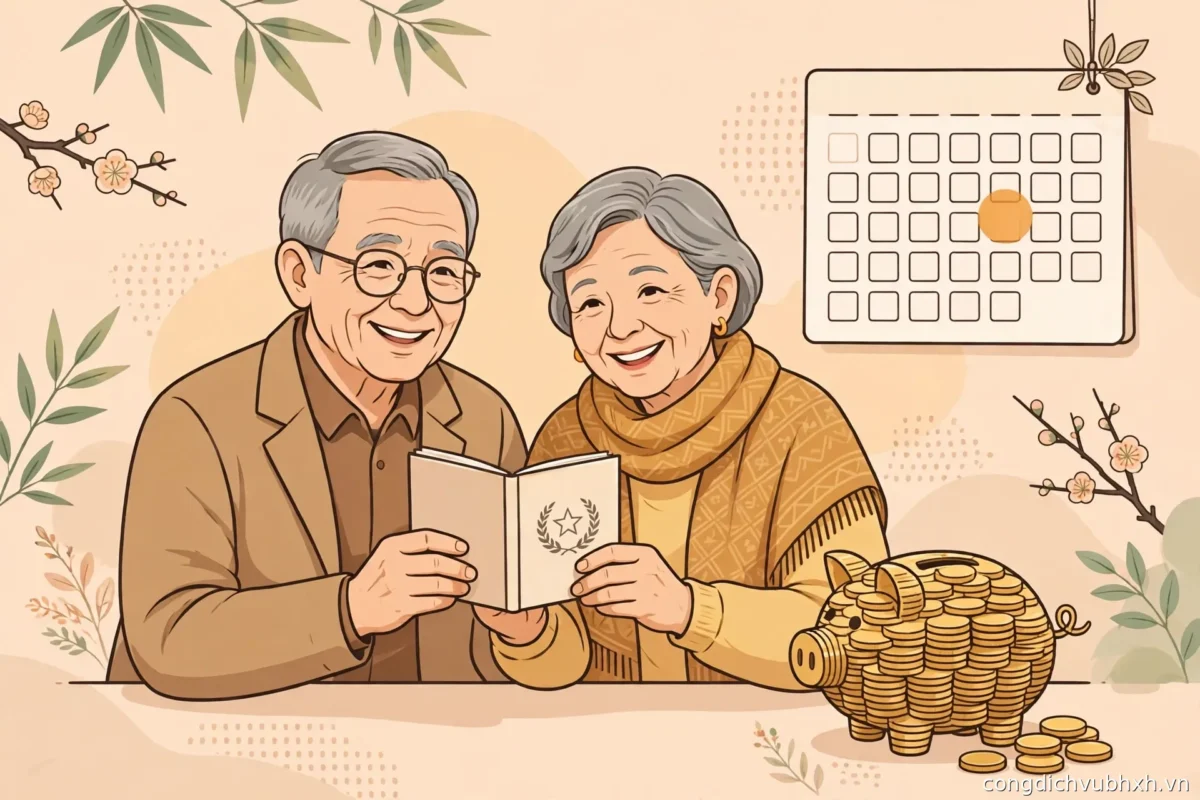 Vợ chồng lớn tuổi cầm sổ hưu trí và heo đất tiết kiệm bên lịch đánh dấu 15 năm đóng BHXH tự nguyện