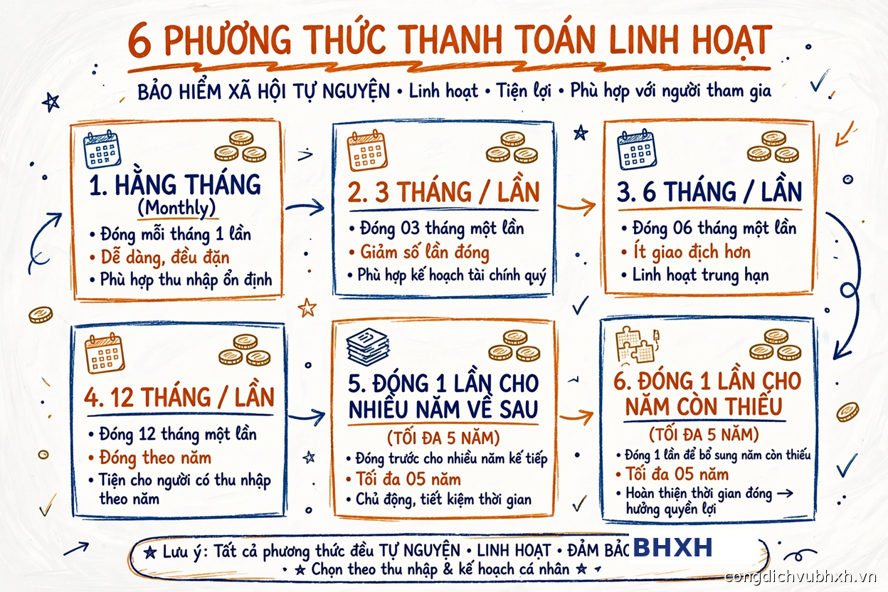 Infographic 6 phương thức đóng BHXH tự nguyện linh hoạt năm 2026