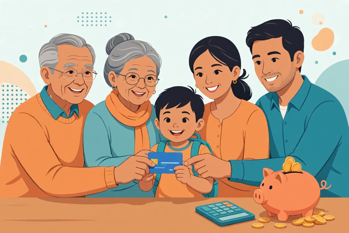 Ảnh minh họa gia đình 5 người cầm thẻ BHYT và heo đất tiết kiệm - bảng giá BHYT hộ gia đình 2026